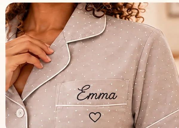 Prénom Emma brodé côté cœur sur un pyjama LB Pyjama